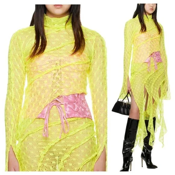 KIM SHUI Exclusive Asymmetrical Sheer Crochet Turtleneck Top Neon Yellow Size S - Picture 1 of 12